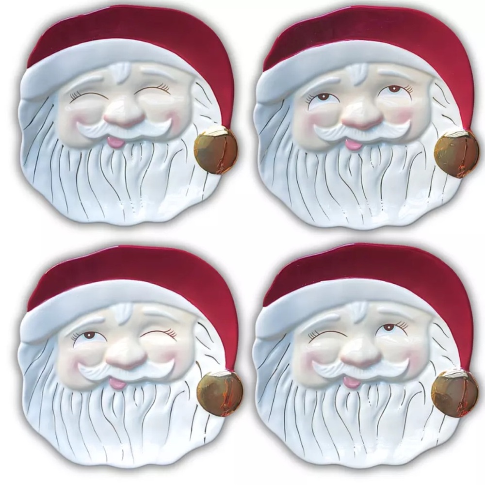 Glitterville 4 Red Papa Noel Cookie Plates, Ceramic Santa Christmas Dessert  Set